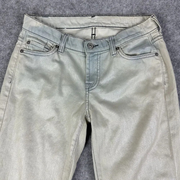 7 Seven For All Mankind 7FAM Jeans Womens 26 Beige Blue Metallic Coated Skinny* - Picture 2 of 16